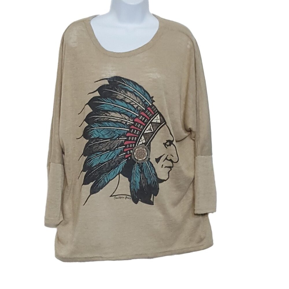 Southern Grace Top S/M Southwestern Indian Chief‎ Graphic Long Sleeve Oversize